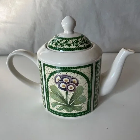 1990s Vintage Arthur Wood, England White Ceramic Teapot w/ Lid African Violets - Picture 1 of 7